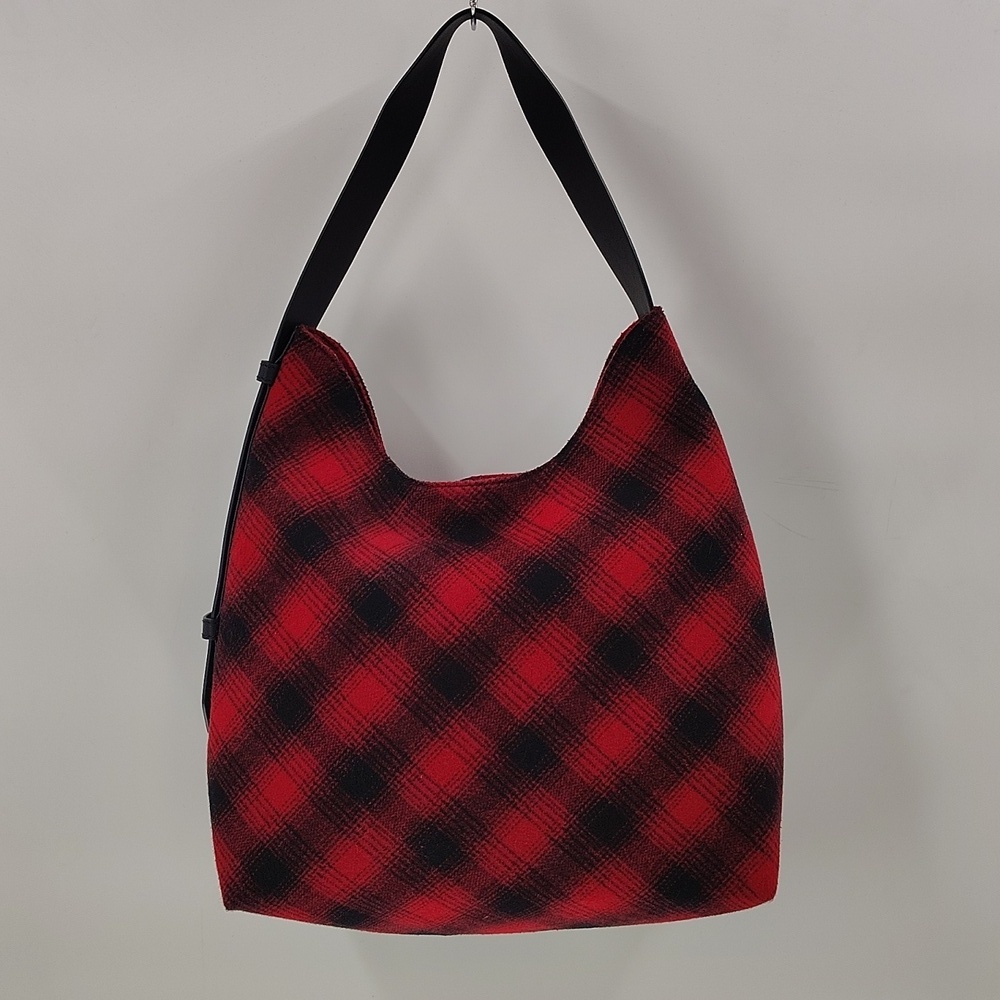 J. JILL Red & Black Buffalo Plaid Wool and Leather Shoulder Hobo Bag Purse